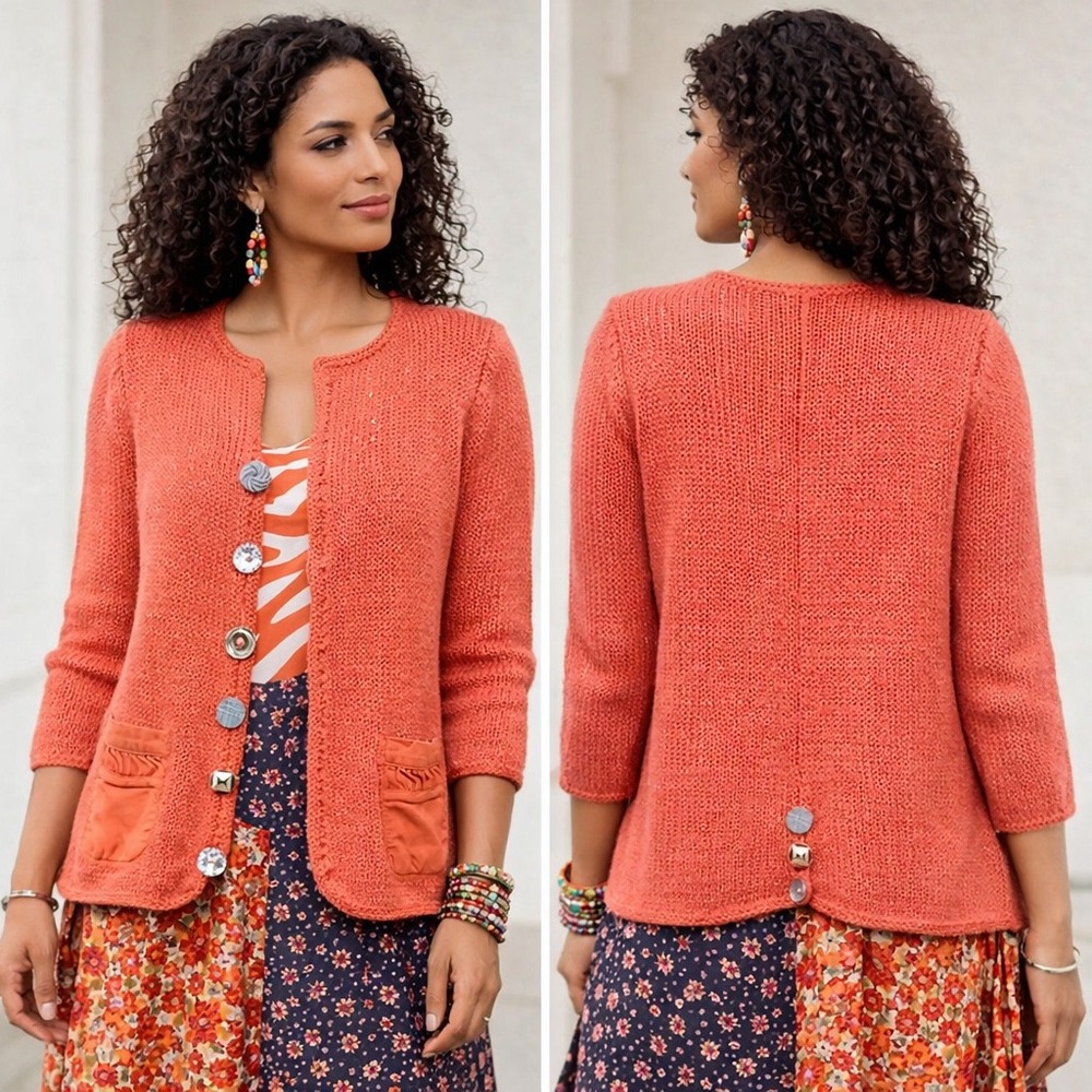 PURE HANDKNIT Salmon Pink/Metallic Mixed Button Cardigan Sweater M/L Art To Wear